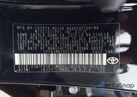 2025 Toyota Corolla Le from USA, damaged, VIN 5YFB4MDE9SP339701